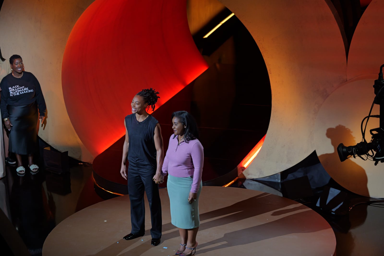 Brit Kirkland and Devin McGhee Kirkland, founders of Deon Libra, on the set of "Bet on Black" during the pitch day.
John Walder/@ucwhateyec