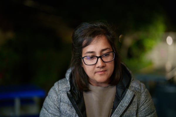 Farzana Asaduzzaman speaks about the loss of her home in the Eaton fire during a community gathering to discuss plans for Ramadan with members of the Masjid Al-Taqwa, held at a school in Pasadena, California, Saturday, Feb. 15, 2025. (AP Photo/Eric Thayer)