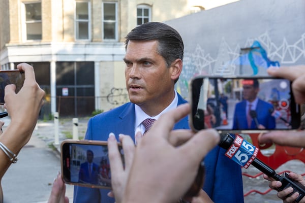 Former Lt. Gov. Geoff Duncan speaks to reporters after testifying at Fulton County Courthouse in Atlanta on Monday, August 14, 2023. Duncan has not made up his mind about whether he would seek office again, given Georgia’s volatile political landscape. (Arvin Temkar/AJC)