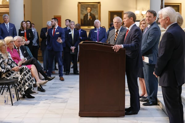 Gov. Brian Kemp holds a news conference to talk about his partnership with Mercer University and Children’s Healthcare to advance pediatric health care in rural Georgia on Wednesday, February 22, 2023. (Natrice Miller/The Atlanta Journal-Constitution) 