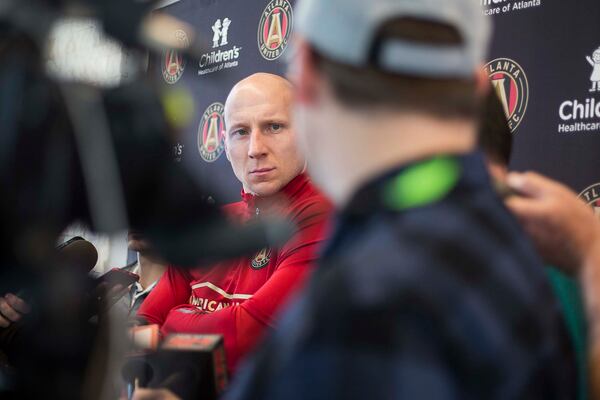 01/13/2019 -- Marietta, Georgia -- Atlanta United goalkeeper Brad Guzan (1) speaks with members of the media following a training with the team at the Children's Healthcare of Atlanta Training Ground, Monday, January 13, 2020. (ALYSSA POINTER/ALYSSA.POINTER@AJC.COM)