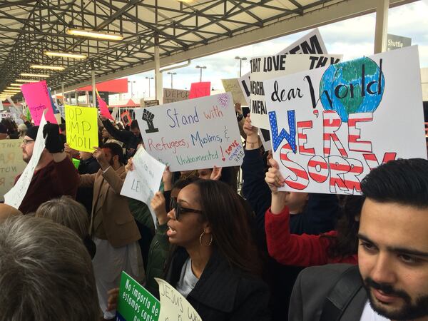 Jan. 29., 2017 - Hundreds of people gathered outside of Atlanta Hartsfield-Jackson Airport on Sunday to protest President Donald Trump's immigration executive order. J. SCOTT TRUBEY / STRUBEY@AJC.COM