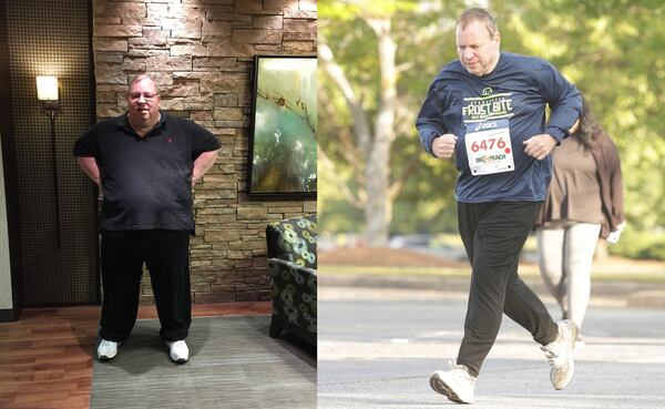 Michael Hearn became a runner, and he now walks 5 miles a day. In the photo on the left, taken in April 2019, he weighed 440 pounds (Photo contributed by Michael Hearn). In the photo on the right, taken in May, he weighed 235 pounds. (Photo by Tim Nettleton from TrueSpeedPhoto.com)