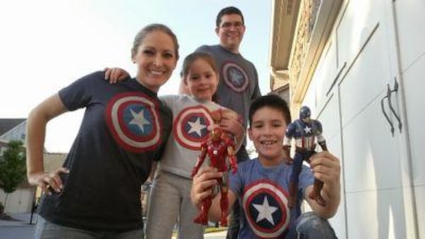 A whole family of superheroes! Fernando Lamb and his wife Adriana Plasencia with their kids Fernando, 6, and Vanessa, 4.