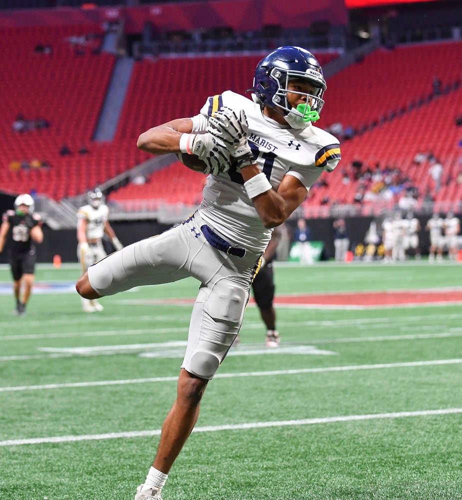 Marist’s Dawson Batemon (81) intercepts the ball against North Oconeee during the second half of a Class 4A championship game at the Mercedes-Benz Stadium Monday, Dec. 16, 2024. (Photo/Daniel Varnado)