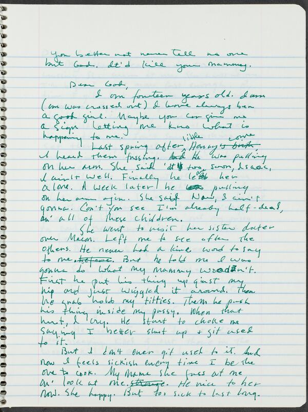 The handwritten first page of "The Color Purple," from a 1980 journal. Alice Walker Collection, Stuart A. Rose Manuscript, Archives & Rare Book Library, Emory University.