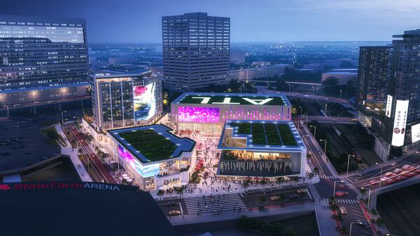 This is a rendering of the planned entertainment district that will make up the center of the Centennial Yards development in downtown Atlanta. The project was designed by Atlanta architecture firm Gensler.