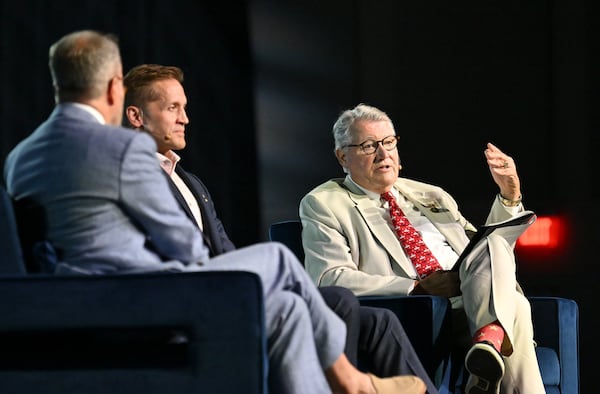 U.S. Rep. Rich McCormick  (center) and U.S. Rep. Rick Allen (right) discussed health care at an event on Tuesday in Athens, Ga. (Hyosub Shin / Hyosub.Shin@ajc.com)