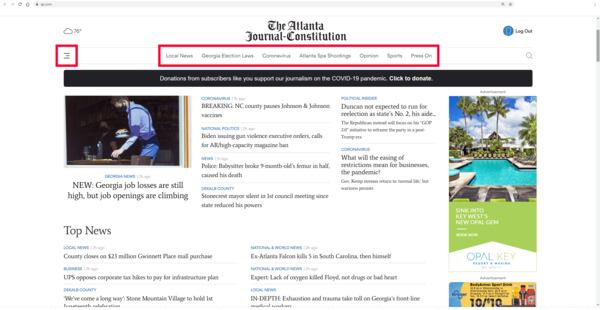 The website includes an updated site navigation, now located at the top left of the page, under the three-line icon or “hamburger” menu that use on our homepage for mobile devices. By tapping or touching the hamburger menu, you’ll find all of our sections linked in a simple, concise list to help you find those that interest you. Across the top, below the masthead on desktop devices, is a new topic navigation bar that offers helpful links, such as Sports and Opinion, and topics in the news, such as Georgia Election Laws. 