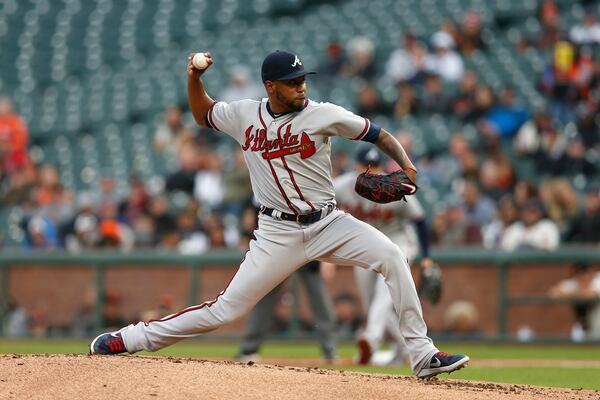 Julio Teheran of the Braves pitches against the San Francisco Giants at Oracle Park on May 21, 2019 in San Francisco, California. (Photo by Lachlan Cunningham/Getty Images)