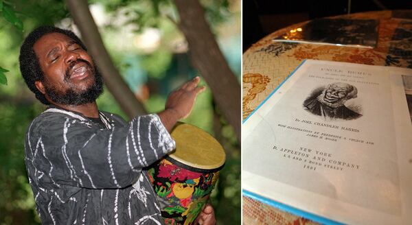 (Left) Storyteller Akbar Imhotep punctuates a tale with drumbeats in the garden of The Wren's Nest, home of late author Joel Chandler Harris. (Right) A copy of Uncle Remus sits on a drawing table in the library of the Wren's Nest.