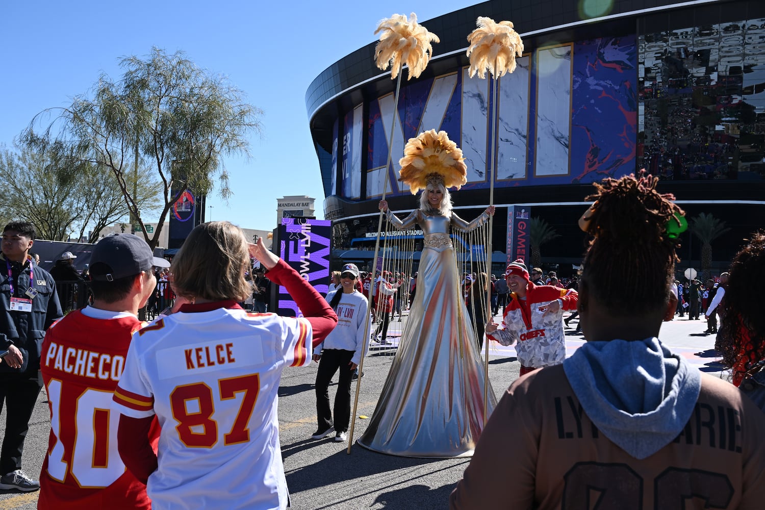 Fans arrive at Allegiant Stadium in Las Vegas before the start of Super Bowl LVIII on Sunday, Feb. 11, 2024. (Bridget Bennett/The New York Times)