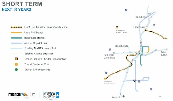 MARTA's tentative plan for the first 10 years of its Atlanta expansion.