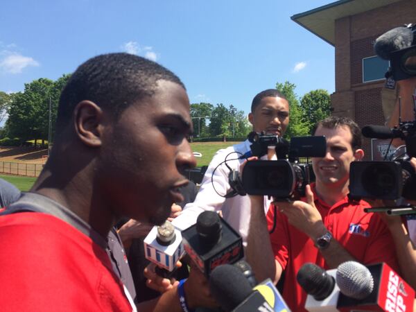 Falcons running back Tevin Coleman talking to the media after his first practice at rookie minicamp. (D. Orlando Ledbetter/DLedbetter@ajc.com)