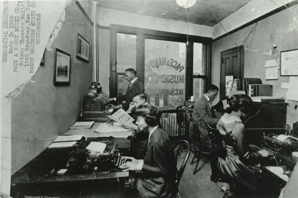 The staff from Pace and Handy Music Company, the songwriting and publishing company co-founded by Harry Pace, works out of office in New York in 1920. Courtesy of Eric Pace