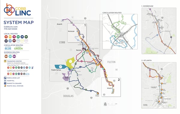 This map shows the current bus system for Cobb County. Officials are planning to build a new south Cobb transit center near Wellstar Cobb Hospital in Austell. Cobb County