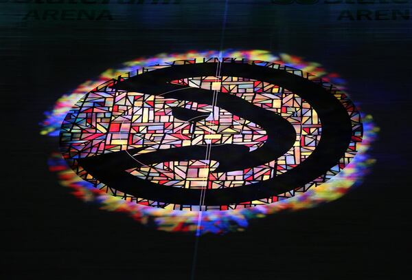 The Atlanta Hawks logo is multicolored ahead of the Atlanta Hawks and Minnesota Timberwolves game on MLK Day, Monday, Jan. 18, 2021, at State Farm Arena in Atlanta. (Curtis Compton / Curtis.Compton@ajc.com)