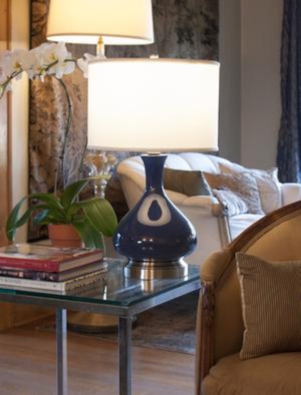 Lapis blue ceramic on brass rechargable battery operated lamp by Modern Lantern