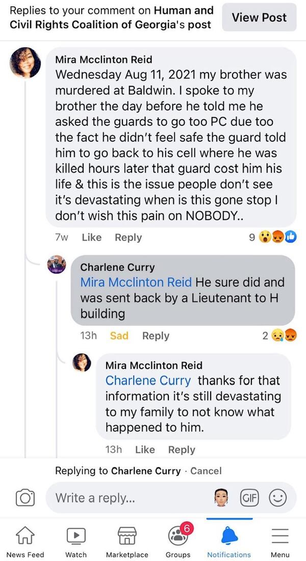 The day after the death of her brother, Miri McClinton Reid posted on Facebook that her brother had asked a guard to place him in protective custody and was told to return to the dorm instead. Responding to the post, a guard at the prison confirmed that.