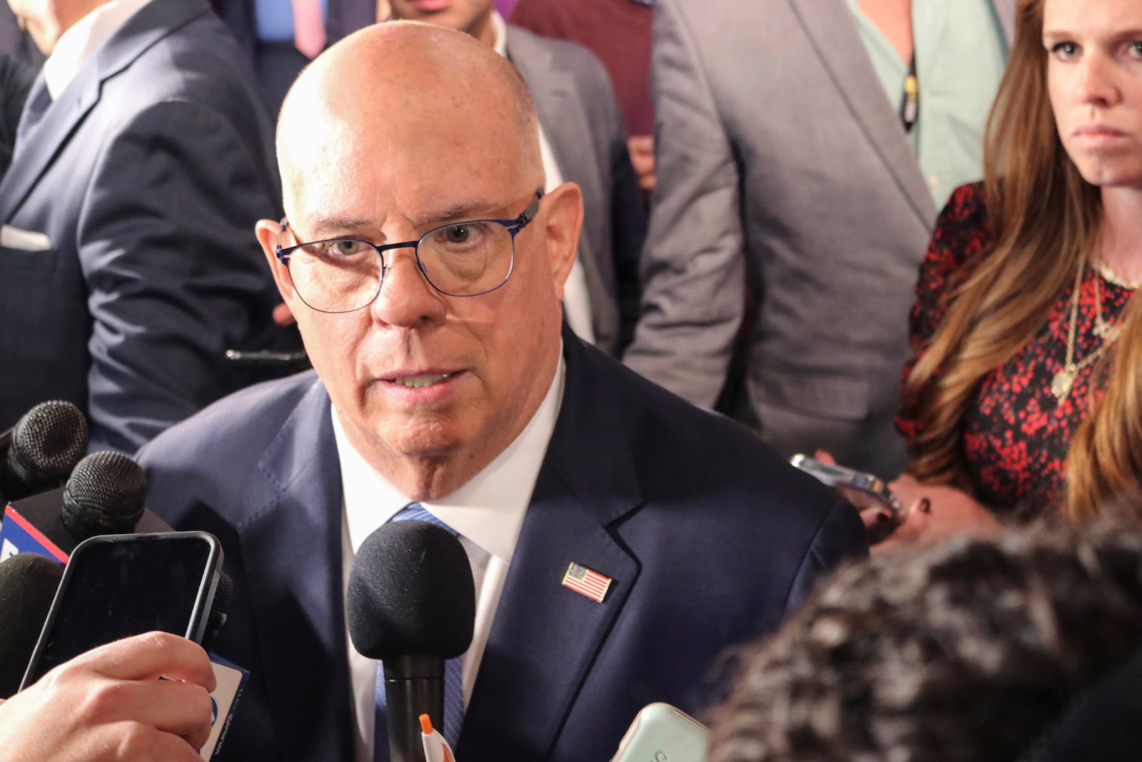 Former Maryland Gov. Larry Hogan, a Republican running for U.S. Senate in Maryland, talks to reporters after a debate with Democrat Angela Alsobrooks, Thursday, Oct. 10, 2024, in Owings Mills, Md. (AP Photo/Brian Witte)