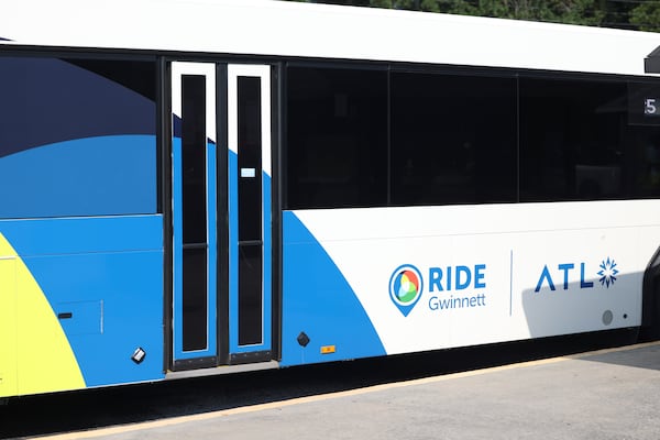 A detail of the Ride Gwinnett bus at the Gwinnett County Transit Center off of Satellite Boulevard, Tuesday, September 12, 2023, in Duluth, Ga. (Jason Getz / Jason.Getz@ajc.com)