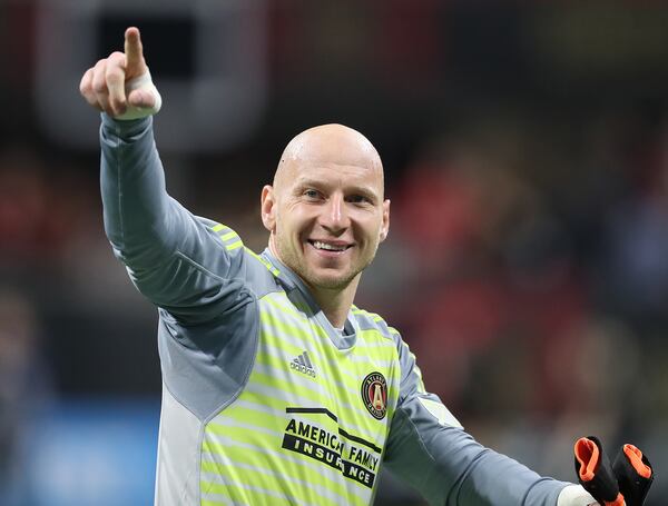 March 11, 2018 Atlanta: Atlanta United goalkeeper Brad Guzan celebrates a 3-1 victory over D.C. United during the home opener in a MLS soccer match on Sunday, March 11, 2018, in Atlanta.    Curtis Compton/ccompton@ajc.com