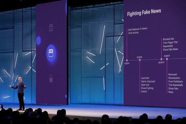 Facebook CEO Mark Zuckerberg makes the keynote address at F8, Facebook's developer conference on May 1, 2018, in San Jose, Calif. (AP Photo/Marcio Jose Sanchez, File)