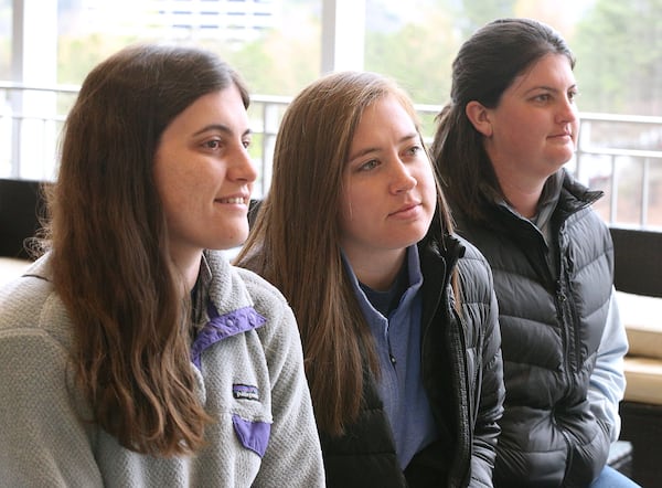 The Boden triplets, Lauren (from left), Stephanie and Allison, attended the Braves Women’s Baseball Clinic at SunTrust Park last month, held just before the Braves played the Yankees in a preseason game. CURTIS COMPTON / CCOMPTON@AJC.COM