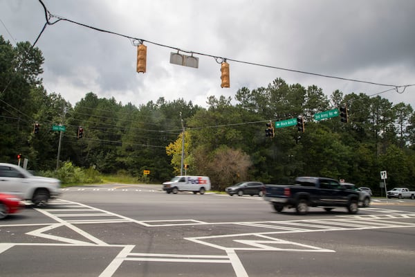 The intersection of 3rd Army Road and Cobb County Parkway in Acworth, near an Amazon warehouse under construction, Wednesday, September 8, 2021.  (Alyssa Pointer/Atlanta Journal Constitution)