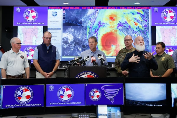 Gov. Brian Kemp briefed the press at the Georgia Emergency Management Agency on Thursday, Sept. 26, 2024, to update the public on the state’s preparations for Hurricane Helene, which is expected to hit the metro area as a Tropical Storm.
(Miguel Martinez / AJC)