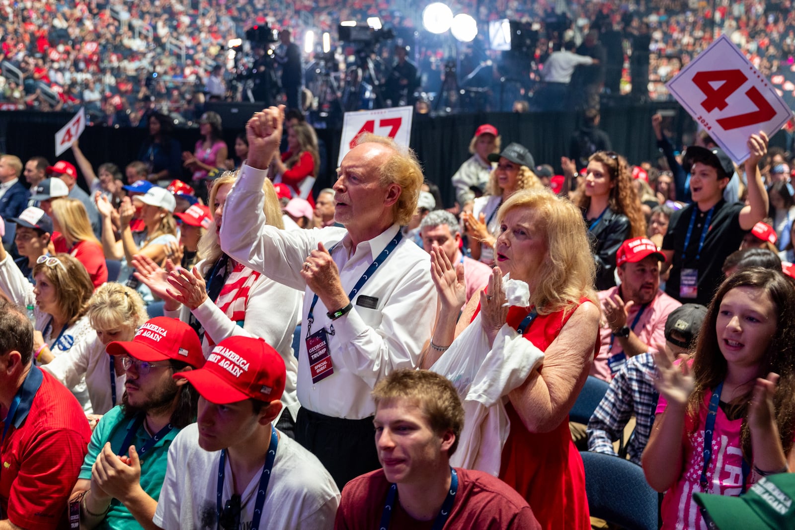 Supporters cheer for an early speaker during Republican presidential candidate Donald Trump’s rally at Gas South Arena in Duluth on Wednesday, October 23, 2024. (Arvin Temkar / AJC)