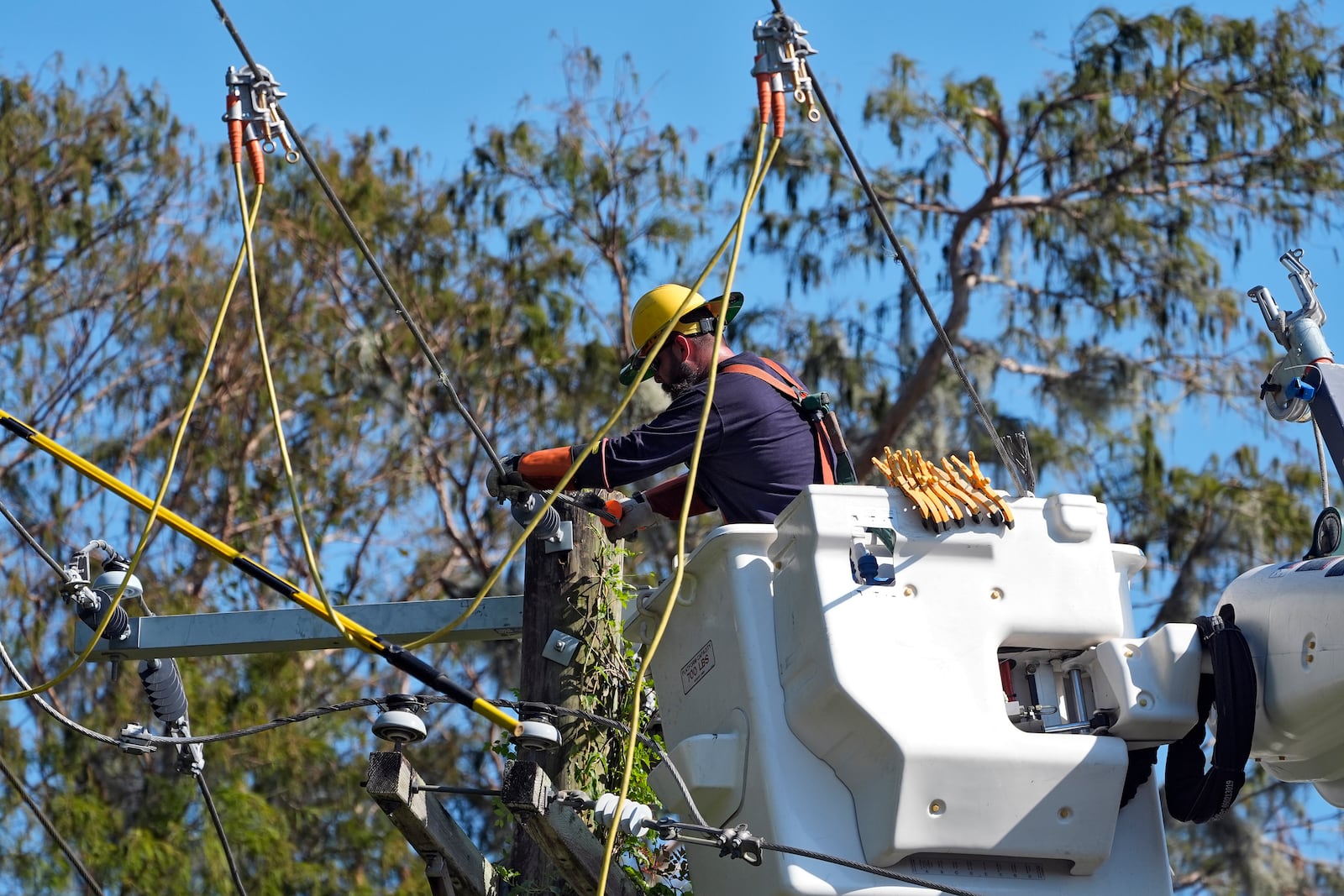 Pike Corporation linemen, of North Carolina, repair power lines damaged by Hurricane Milton Monday, Oct. 14, 2024, in Lithia, Fla. (AP Photo/Chris O'Meara)