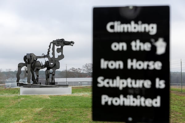 A view of Pegasus Without Wings, also known as the “Iron Horse” sculpture, on Greensboro Highway, between Watkinsville and Greensboro, on Wednesday. The 2-ton steel sculpture recently underwent a restoration. Arvin Temkar/AJC