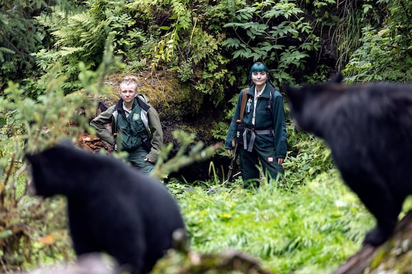 This photo provided by Nathaniel Wilder shows Kayleigh McCarthy, left, keeping an eye on bears at the Anan Wildlife Observatory near Wrangell, Alaska, Aug. 9, 2021. (Nathaniel Wilder via AP)