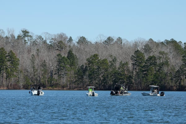 Members of local law enforcement agencies search for Gary Jones on Lake Oconee, Friday, February, 14, 2024, northeast of Eatonton. The Putnam County sheriff is investigating and searching after Spelman College instructor Joycelyn Nicole Wilson and an Atlanta private school coach Gary Jones went missing on Lake Oconee over the weekend. The body of Wilson was found Sunday and Jones has not been found. (Jason Getz / AJC)