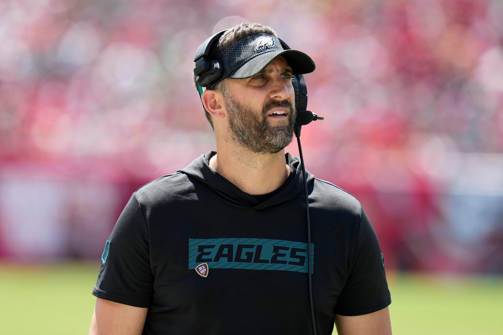 Philadelphia Eagles head coach Nick Sirianni walks the sidelines during the first half of an NFL football game against the Tampa Bay Buccaneers, Sunday, Sept. 29, 2024, in Tampa, Fla. (AP Photo/Chris O'Meara)