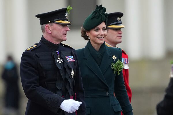 Britain's Kate, the Princess of Wales, joins the Irish Guards, their veterans, families, serving soldiers, reservists, and young cadets from Northern Ireland, at a special St Patrick's Day parade and celebration at Wellington Barracks in London, Monday, March 17, 2025.(AP Photo/Kirsty Wigglesworth)