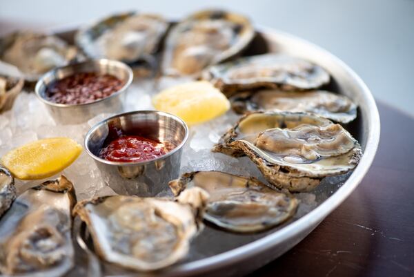 Dozen oysters on the half shell with mignonette and cocktail sauce at Lagarde.