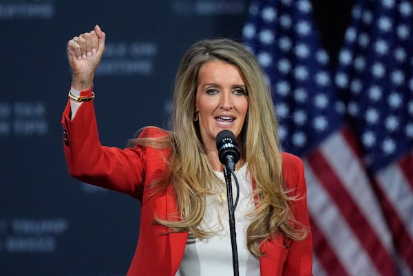 FILE - Former Sen. Kelly Loeffler speaks before Republican presidential nominee former President Donald Trump at a campaign event at the Cobb Energy Performing Arts Centre, Oct. 15, 2024, in Atlanta. (AP Photo/John Bazemore, File)