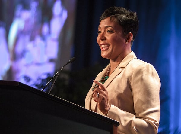 Mayor Keisha Lance Bottoms talks to the crowd during her first State of the City speech in Atlanta GA Wednesday, May 2, 2018. STEVE SCHAEFER / SPECIAL TO THE AJC