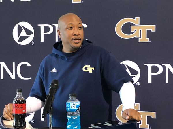 Georgia Tech special-teams coach Ricky Brumfield speaks to media members April 10, 2022, during his first spring practice with the Yellow Jackets. (Photo by Ken Sugiura/The Atlanta Journal-Constitution)