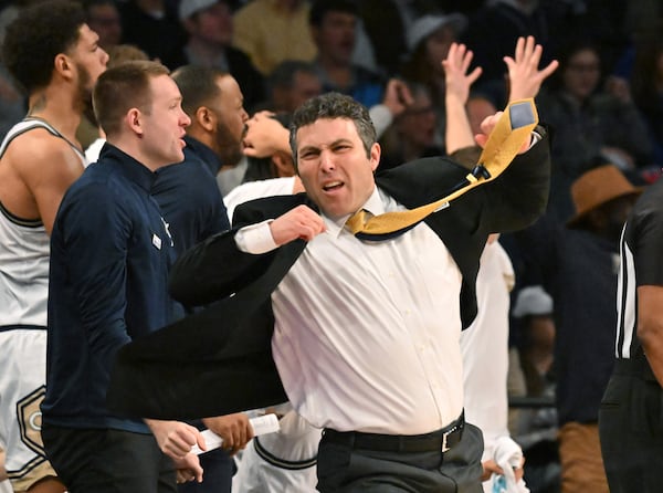 Georgia Tech's head coach Josh Pastner reacts during a 2023 game in Atlanta. (Hyosub Shin / Hyosub.Shin@ajc.com)