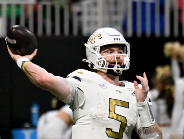 Georgia Tech quarterback Zach Pyron (5) gets off a pass during the second half in an NCAA football game at Mercedes-Benz Stadium, Saturday, October 19, 2024, in Atlanta. Notre Dame won 31-13 over Georgia Tech. (Hyosub Shin / AJC)