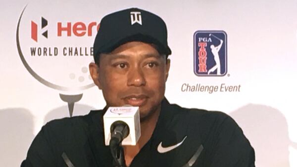 Tiger Woods speaks at a press conference at the Albany Golf Club in Nassau, Bahamas, Tuesday, Nov. 28, 2017.