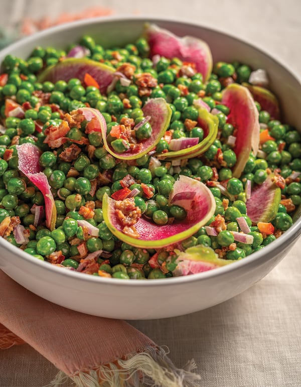 Chef Deborah VanTrece prefers watermelon radishes in her Spring Pea, Bacon, and Radish Salad, which can be found in "The Twisted Soul Cookbook: Modern Soul Food With Global Flavors" (Rizzoli New York, 2021). Courtesy of Noah Fecks