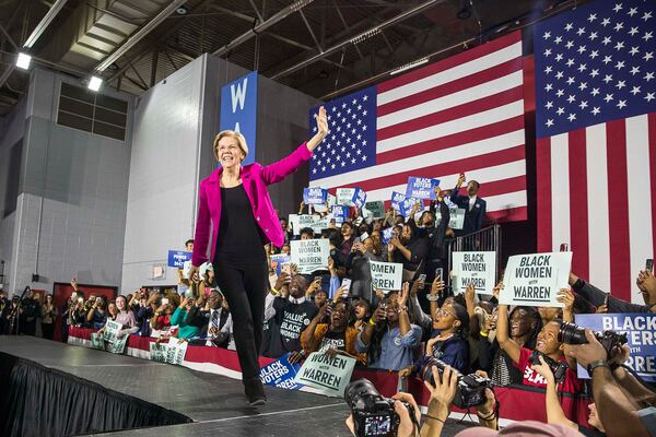 11/21/2019 -- Atlanta, Georgia -- U.S. Sen. Elizabeth Warren, D-Mass., waves to her supporters during her campaign stop at Clark Atlanta University in Atlanta, Thursday, November 21, 2019. (Alyssa Pointer/Atlanta Journal Constitution)