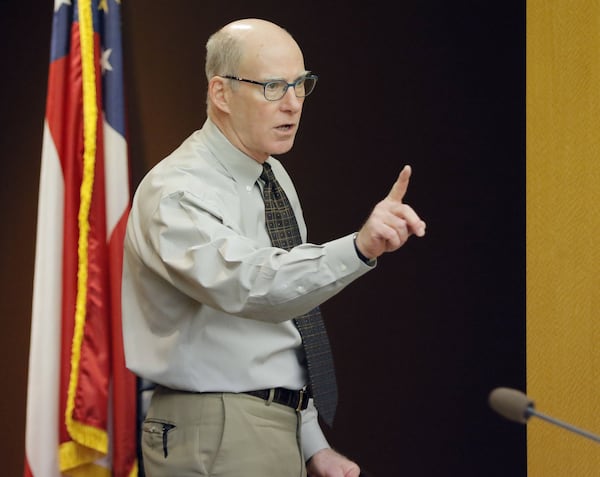 Fulton County Superior Court Judge Henry Newkirk responds to attorneys on Wednesday, April 11, 2018, after hearing a motion that morning. A Fulton County jury delivered “not guilty” verdicts later that day against the three defendants, deciding that a sex video involving Waffle House chairman Joe Rogers Jr. was not recorded illegally. (Bob Andres bandres@ajc.com)