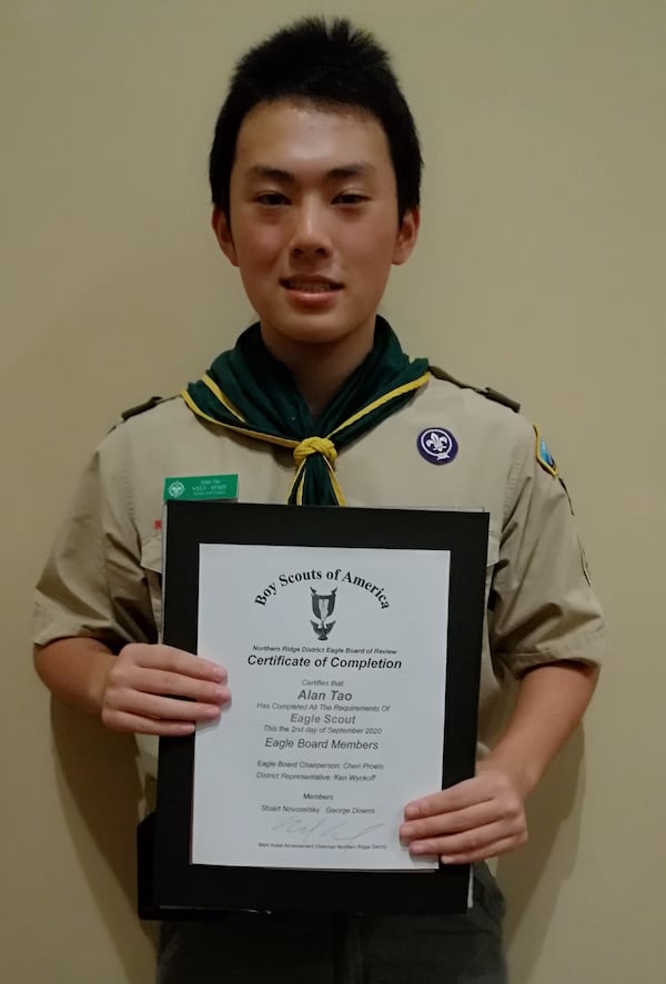 Northern Ridge District (cities of Milton, Alpharetta, Roswell, and Johns Creek) is proud to announce its newest Eagle Scout, Alan Tao, who passed his Eagle Board of Review on Sept. 2.