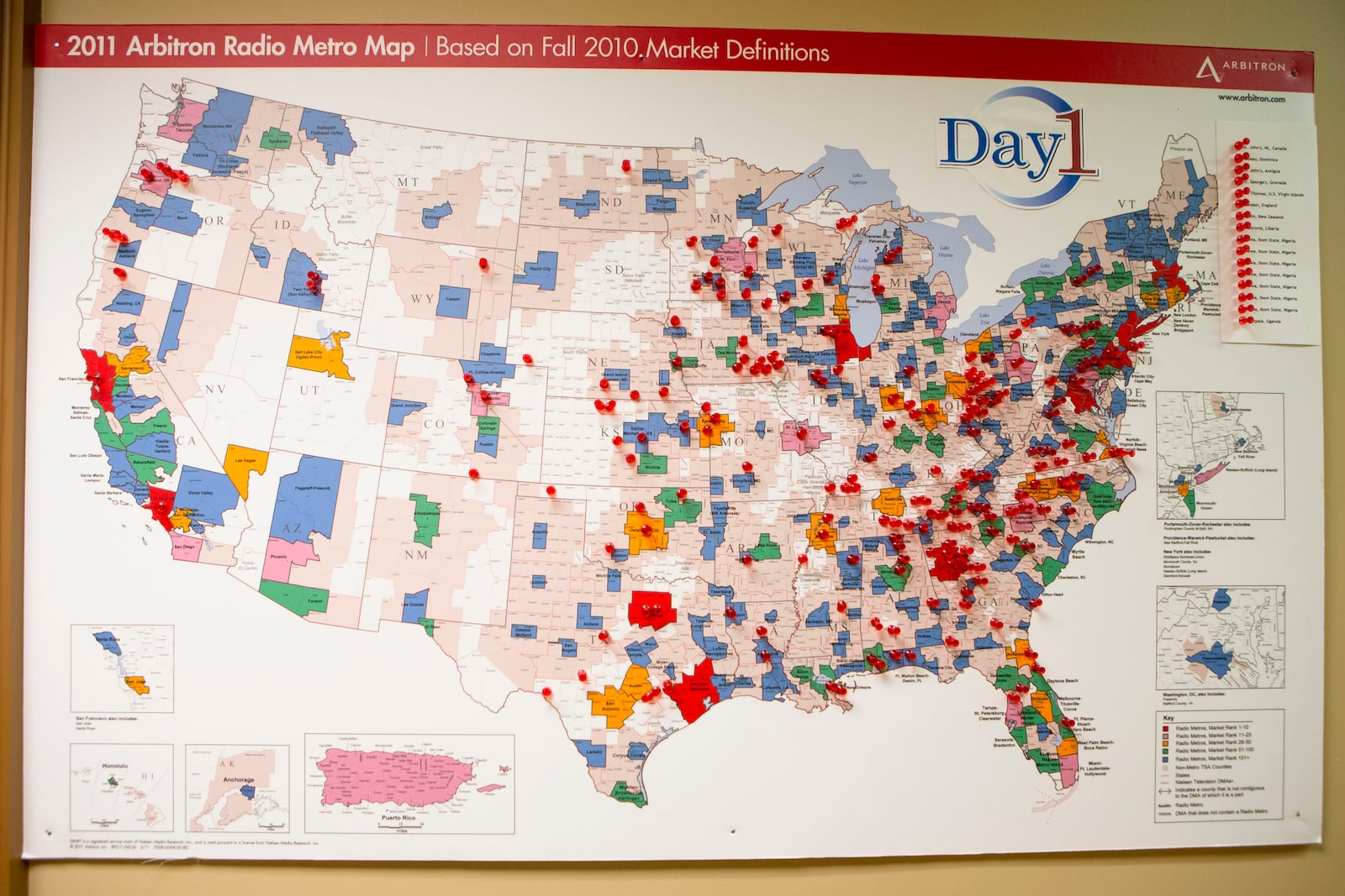 A map of radio stations that play the Day1 radio show outside of the office of Rev. Peter Wallace. CHRISTINA MATACOTTA FOR THE ATLANTA JOURNAL-CONSTITUTION.