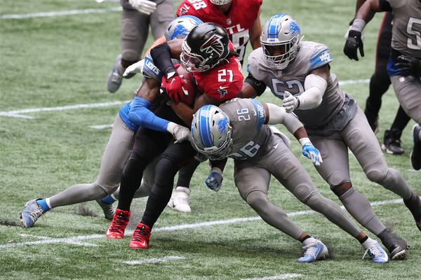 Falcons running back Todd Gurley gets some hard yards against the Detroit Lions during the second half Sunday, Oct. 25, 2020, in Atlanta.   (Curtis Compton / Curtis.Compton@ajc.com)